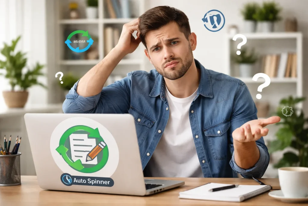 Pessoa sentada em frente ao notebook com expressão de dúvida, analisando o uso do plugin Auto Spinner para reescrita automática de artigos no WordPress.