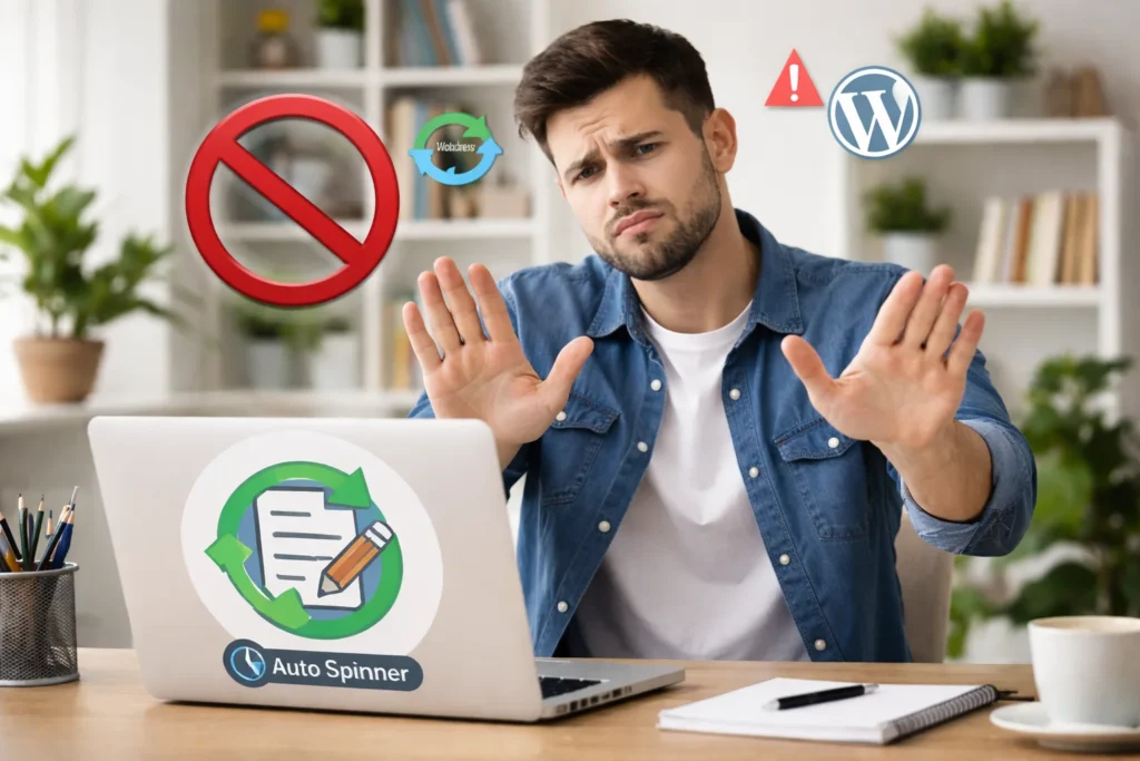 Pessoa demonstrando rejeição ao plugin WordPress Auto Spinner para reescrita automática de artigos e automação de conteúdo.