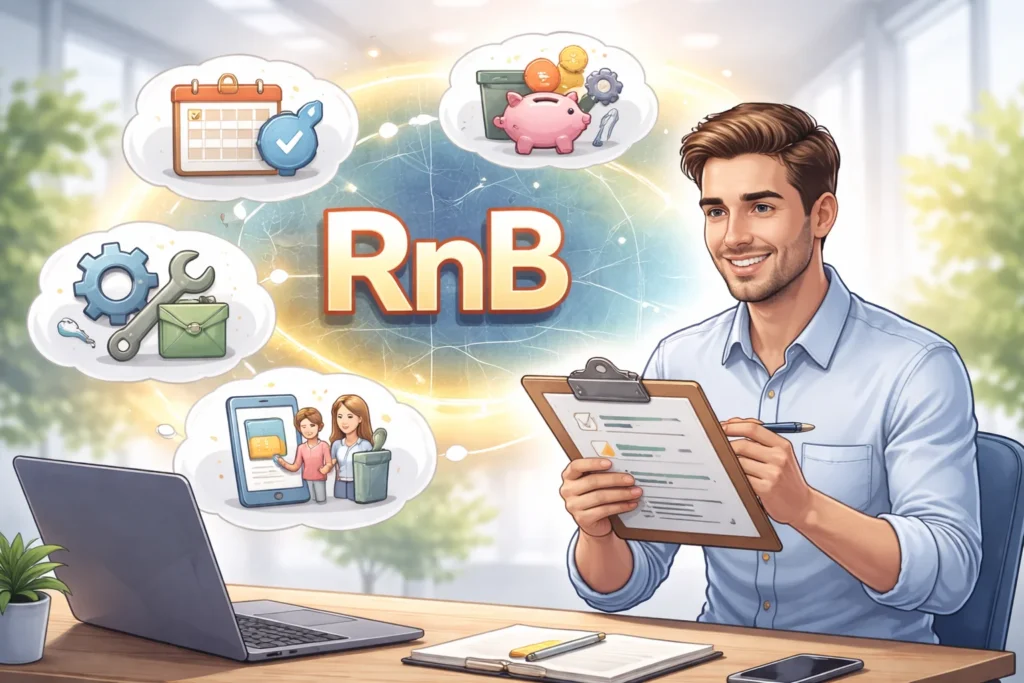 Pessoa em ambiente de trabalho analisando vantagens de um sistema de reservas, com elementos visuais que representam organização, economia e eficiência operacional.