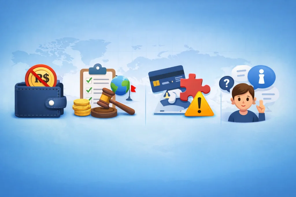 Ilustração conceitual mostrando carteira digital com restrição, símbolos legais, peça de quebra-cabeça com alerta e usuário confuso, representando cuidados e limitações de uma carteira virtual no e-commerce.