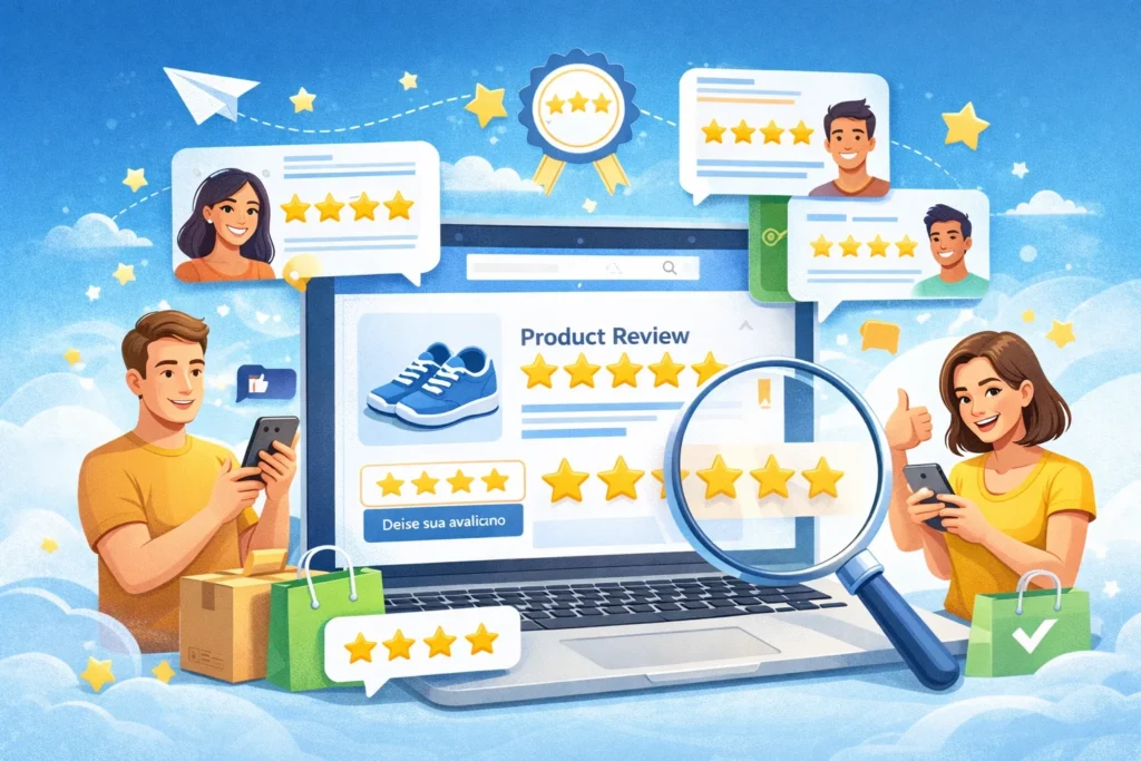 Ilustração de avaliações de produtos em e-commerce, com notebook exibindo classificação por estrelas e clientes usando smartphones para deixar reviews e feedbacks positivos.
