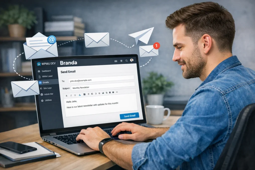 Pessoa enviando email personalizado no WordPress usando o plugin WPMU DEV Branda em um notebook.