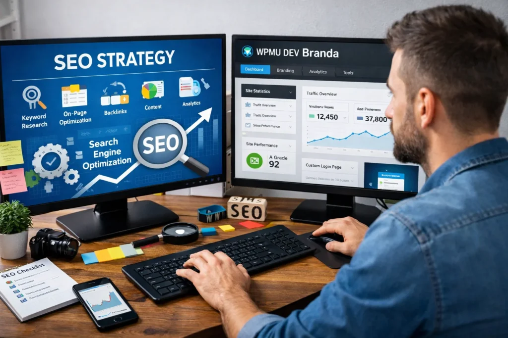 Pessoa trabalhando com SEO no WordPress usando o plugin WPMU DEV Branda para análise de tráfego e branding.