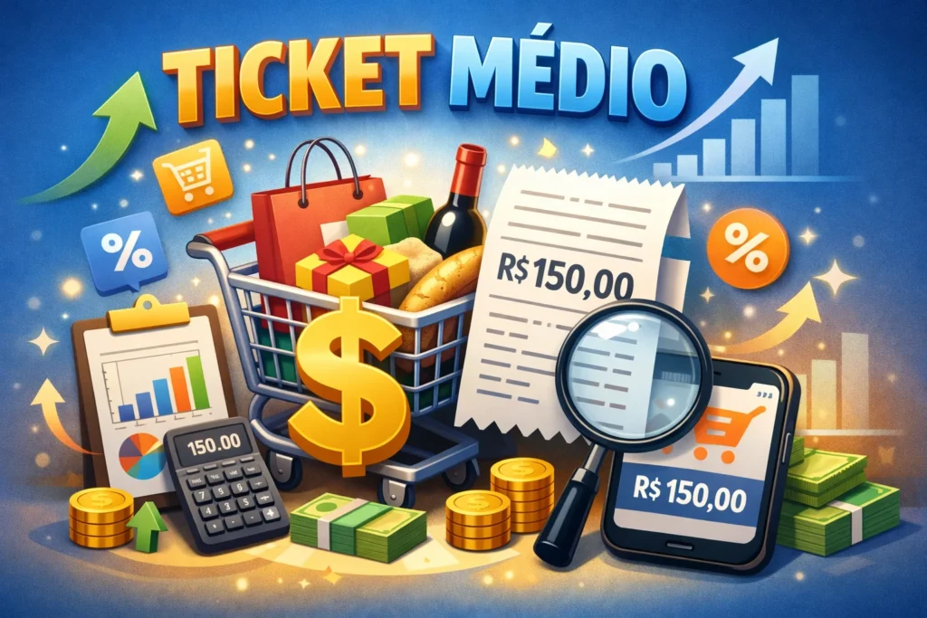 Ilustração conceitual de ticket médio com carrinho de compras cheio, recibo de R$150, gráfico de crescimento, ícones de porcentagem, moedas e símbolos financeiros representando aumento do valor médio das compras.