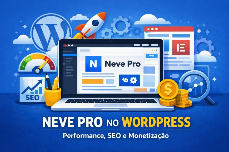 Ilustração representando o tema Neve Pro no WordPress, destacando um site rápido, leve e otimizado para SEO e monetização com Google AdSense