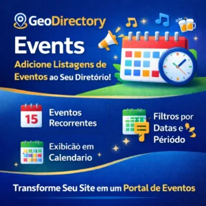 Imagem promocional do plugin GeoDirectory Events mostrando calendário de eventos, filtros por data e eventos recorrentes no WordPress