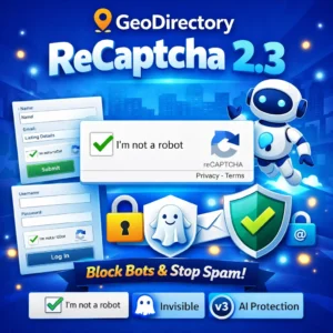 Banner promocional azul do GeoDirectory ReCaptcha 2.3 mostrando um grande botão “I’m not a robot”, ícones de formulários, cadeado, escudo de segurança e um robô ilustrado, destacando proteção contra bots e spam.