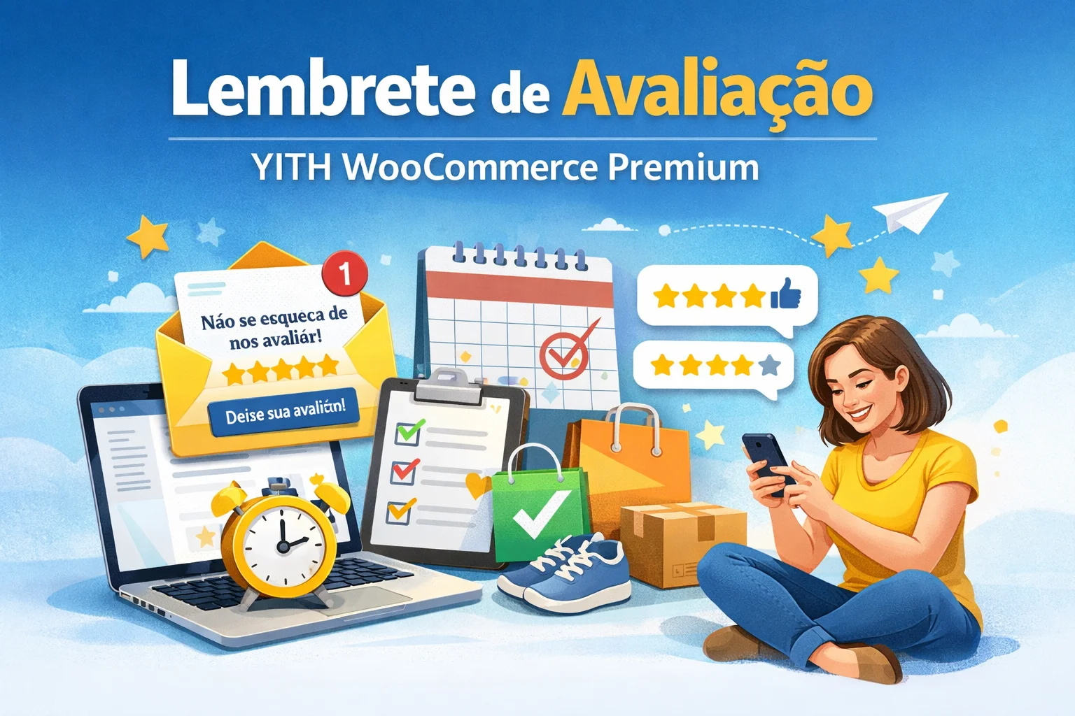 Ilustração promocional do plugin Lembrete de Avaliação YITH WooCommerce Premium, mostrando envio automático de lembretes por e-mail para clientes avaliarem produtos, com ícones de estrelas, calendário, carrinho de compras e interface de e-commerce.