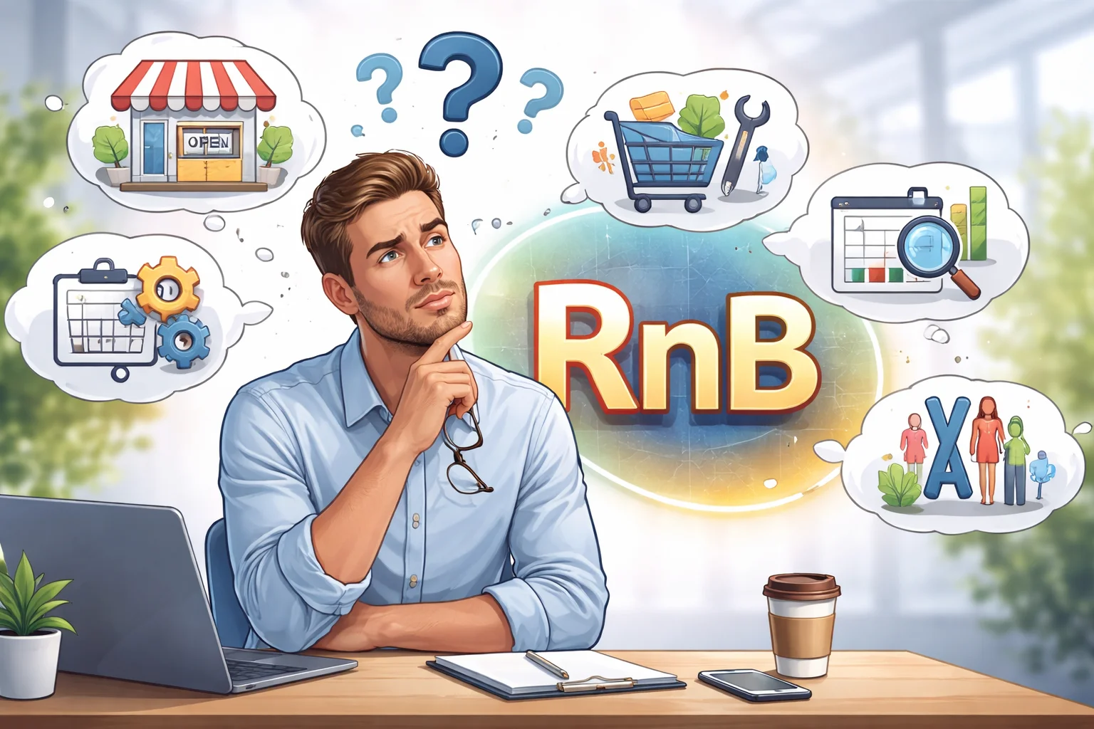 Pessoa sentada à mesa com expressão de dúvida, pensando em diferentes tipos de negócio e modelos de venda, representando a análise sobre para quais negócios o RnB é ideal.