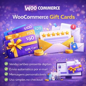 Ilustração promocional do WooCommerce Gift Cards com cartões-presente digitais coloridos, envelope com avaliação em estrelas, moedas e interface de loja online, representando venda de gift cards, envio automático por e-mail e uso simples no checkout.