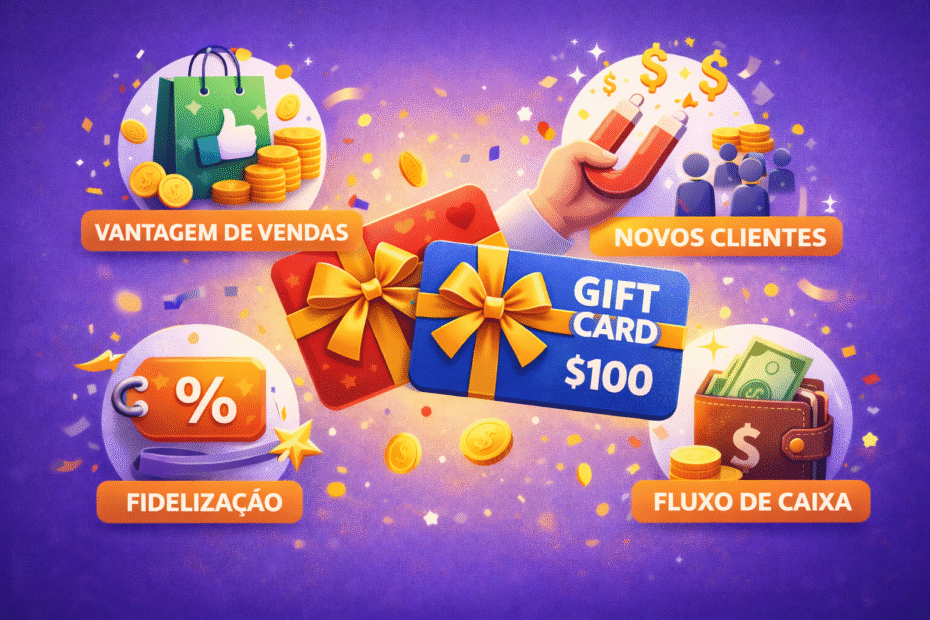 WooCommerce gif cards Ilustração digital com cartões-presente no centro, moedas e confetes ao redor, além de ícones que representam aumento de vendas, novos clientes, fidelização e melhoria do fluxo de caixa em lojas online.
