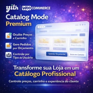 Imagem promocional do plugin YITH WooCommerce Catalog Mode Premium mostrando loja em modo catálogo com preços ocultos e botão solicitar orçamento