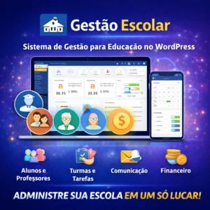 Ilustração promocional do plugin Gestão Escolar para WordPress mostrando painel administrativo com alunos, professores, turmas, comunicação e controle financeiro em desktop e celular 🎓