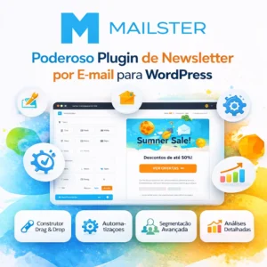 Banner promocional do Mailster, plugin de newsletter e email marketing para WordPress, mostrando logotipo, interface do construtor de emails drag and drop e recursos como automações, segmentação avançada e análises detalhadas.