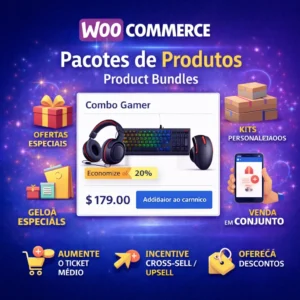 Imagem promocional do plugin WooCommerce Product Bundles mostrando combo de produtos com desconto, kits personalizados e venda conjunta para aumentar o ticket médio da loja 📦🛒