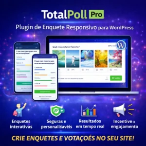 Imagem promocional do plugin TotalPoll Pro para WordPress mostrando enquetes interativas responsivas com resultados em tempo real em desktop e celular 🗳️📊