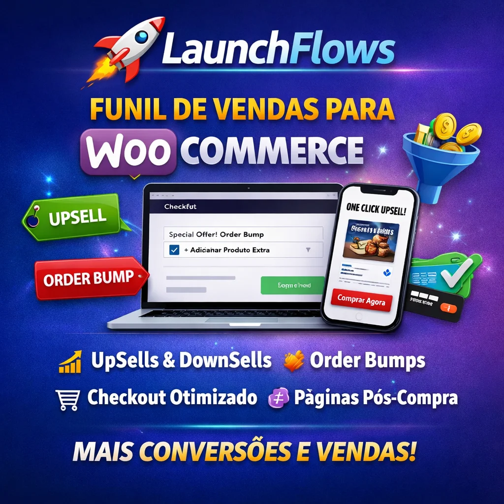 Ilustração promocional do plugin LaunchFlows para WooCommerce mostrando funil de vendas com upsells, order bumps, checkout otimizado e páginas pós-compra em dispositivos desktop e mobile 🚀